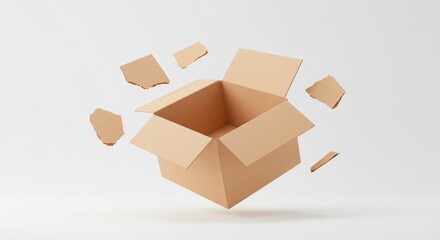 An open cardboard box with floating pieces on a plain white background shot