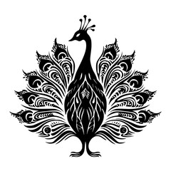 Fototapeta premium black silhouette of a peacock with feathers in an ornamental ornament black, feather, illustration, ornament, ornamental, pattern, peacock, silhouette , Generative art.