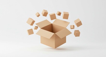 An open cardboard box with smaller cardboard boxes floating around it on white