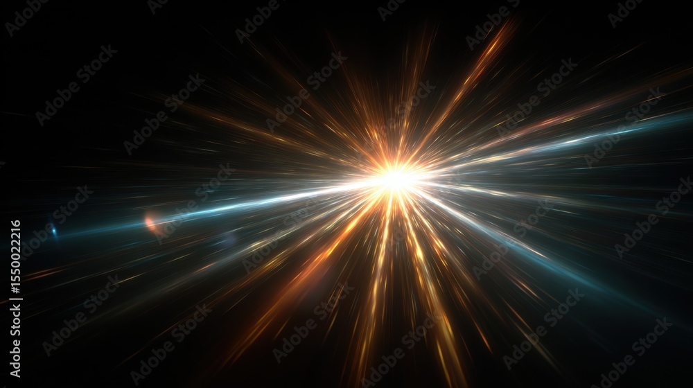 Poster a vibrant explosion of colors bursts outward, illuminating the dark background. light rays extend in