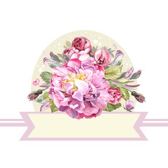 bouquet of pink peony flowers, happy birthday card