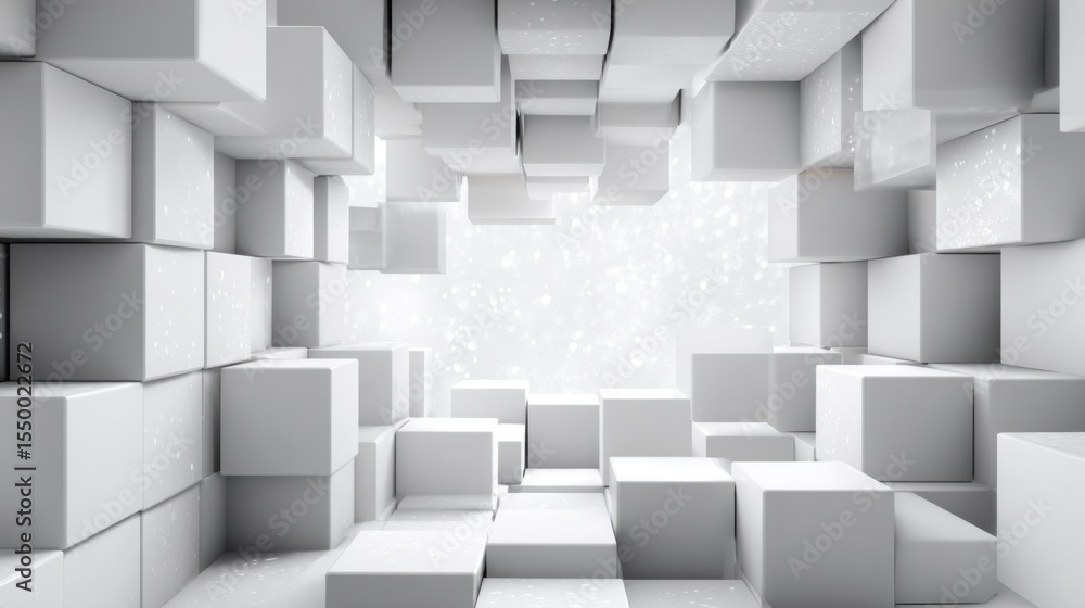 Poster this artwork features an arrangement of white cubes floating in a bright, undefined space, creating 