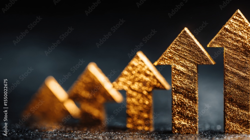 Poster a series of golden arrows ascending in design, representing upward movement and progress. the arrows
