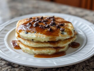 Pancake stack with chocolate chunks and caramel topping. Sweet rustic breakfast in cozy home setting.