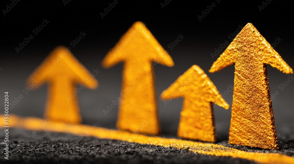 Poster yellow arrows pointing upward are displayed on a dark surface, emphasizing the theme of growth and p