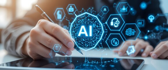 Ai Technology Concept, Modern Innovation Graphic Design, Hand Holding Stylus Above Tablet. Hexagonal Shapes, Neural Networks, And Chatbot Icons, Creating A Futuristic And Intelligent Image.