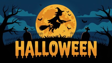 Halloween witch flying on broomstick under full moon