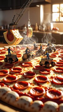 Naklejki Humorous kitchen scene with mini construction trucks placing pepperoni on a giant pizza – playful food art concept.