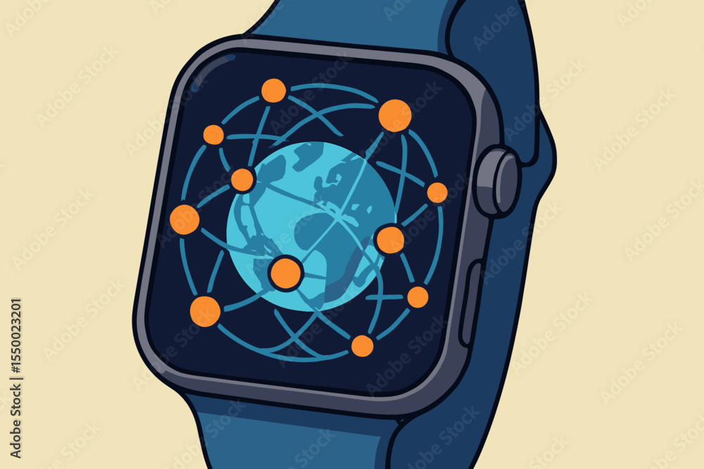 Aufkleber smartwatch displaying a global network connection. wearable technology concept with globe and abstra