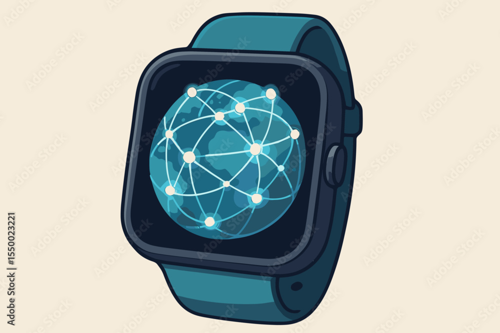 Aufkleber abstract global network connection on smartwatch display. vector cartoon illustration of wearable te