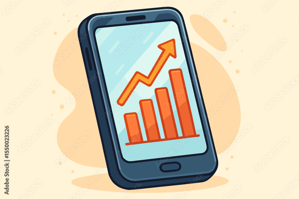 Poster smartphone with growth chart on screen. business success concept showing bar graph and arrow up. fin