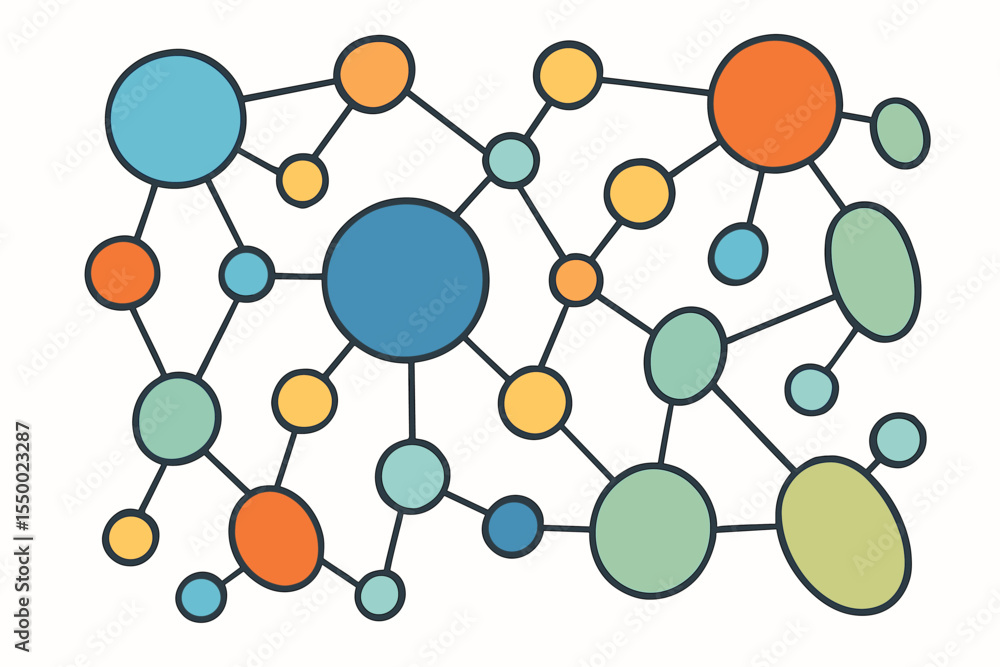 Poster abstract network of connected circles and dots. vector illustration of a system, data structure, and