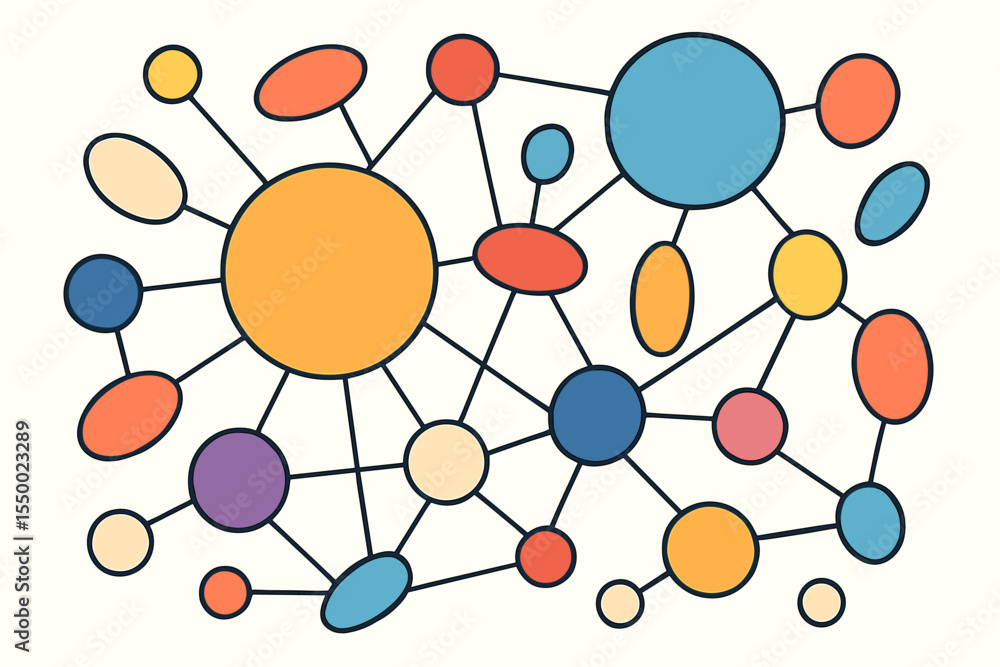 Aufkleber abstract network concept with connected nodes. colorful mind map or flowchart diagram illustration. 