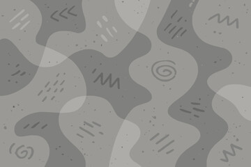 Abstract grey concrete texture background with hand-drawn doodles and primitive art symbols. Modern vector pattern with organic shapes, stone effect, and grunge wallpaper design.