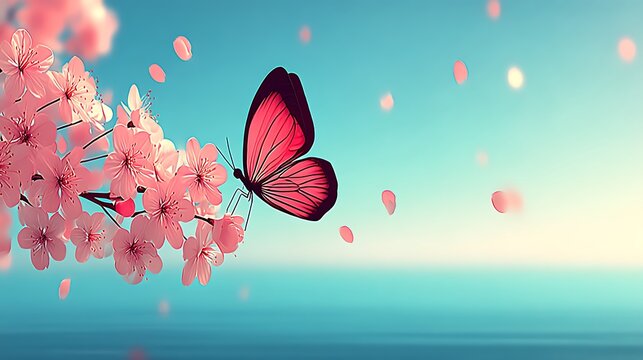 Delicate pink butterfly among cherry blossoms - Powered by Adobe