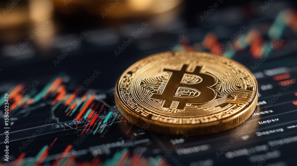 Poster a bitcoin coin rests on a trading platform displaying vibrant financial graphs with upward and downw