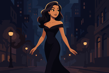 Glamorous woman in elegant black evening dress walking city street at night. Urban nightlife, sophistication, upscale fashion, stylish female silhouette, city lights, luxury lifestyle vector