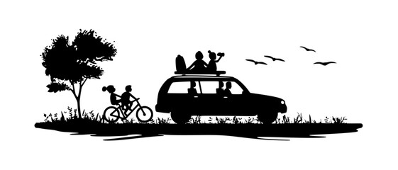 a black car with people, children and a dog on the roof with a bike bicycle, bike, black, car, child, dog, family, people, roof, van , Generative art.