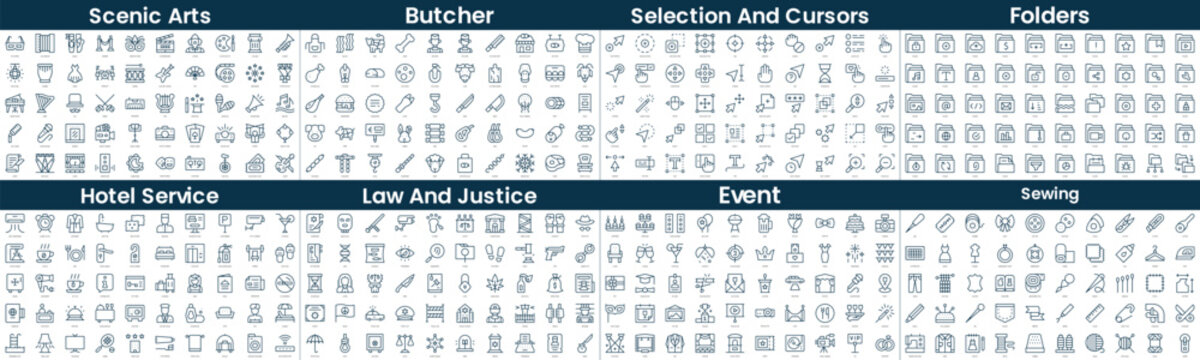 Linear Style Icons Pack. In this bundle include scenic arts, butcher, selection and cursors, folders, hotel service, law and justice, event, sewing