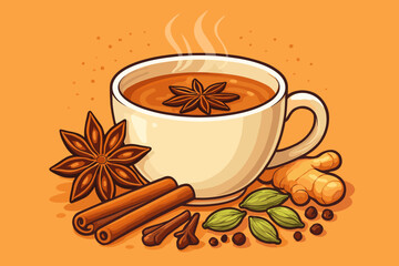 Masala chai tea vector illustration with star anise, cinnamon sticks, cardamom pods, ginger root, cloves, peppercorns. Spicy Indian beverage concept. Hot aromatic herbal drink cartoon design