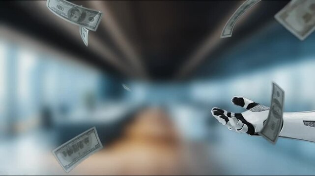 A sleek robotic arm elegantly disperses cash into the air within a contemporary office. The dynamic scene captures the intersection of technology and finance, symbolizing prosperity. MZL