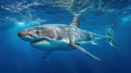 Naklejka premium A great white shark glides effortlessly through the crystal-clear ocean, showcasing its striking fins and powerful physique. The sun reflects off the water, enhancing the serene underwater beauty.