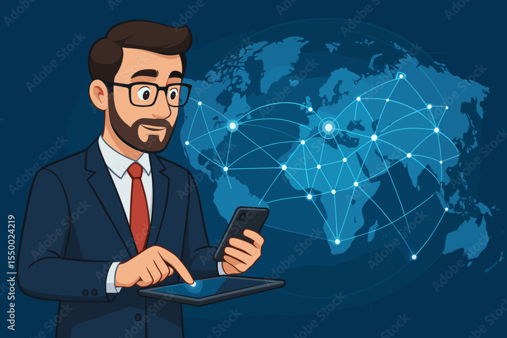 Poster businessman in suit using tablet and smartphone interacting with global network connections on virtu