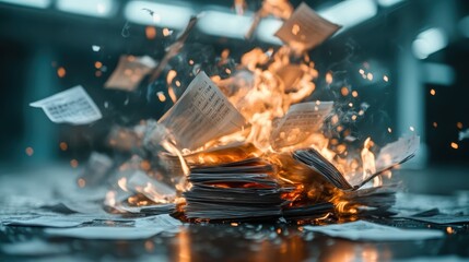 This striking image displays a pile of burning currency, reflecting the somber reality of financial loss and economic crisis, inciting thoughts on wealth and its impermanence.