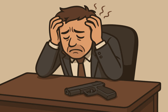 Stressed businessman contemplating life crisis at work. Depressed office worker overwhelmed by failure, burnout, mental health, despair, gun on desk, suicide prevention, anxiety, crisis support