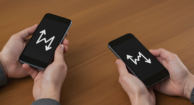 A hand holding a smartphone displaying a trading app interface with stock charts and market data. Ideal for financial content, investment platforms, fintech promotions, and market analysis visuals.