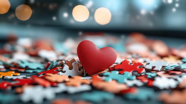 A vibrant red heart sits prominently amidst a scattering of colorful puzzle pieces, symbolizing love and the connection between its pieces in an engaging and artistic arrangement.