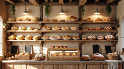 Shelves with Products in a Rustic-Style Bakery