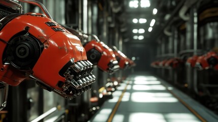 This image showcases a row of futuristic red robotic machinery in a large industrial factory space, highlighting technology and automation in modern manufacturing.