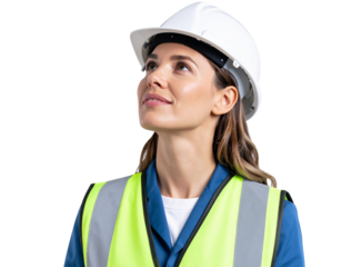 Focused Male Builder in Safety Equipment Looking Up, Transparent Cutout