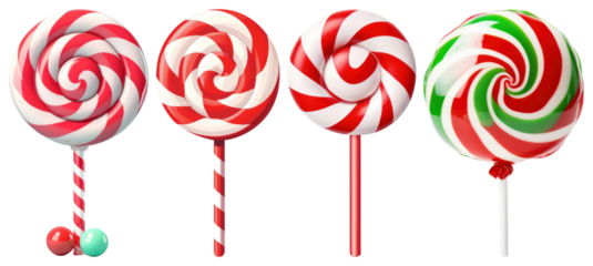 PNG Four colorful swirled lollipops with candy sticks element set on transparent background.