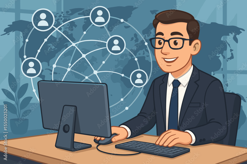 Poster businessman at desk using computer for global networking, international communication, remote work, 
