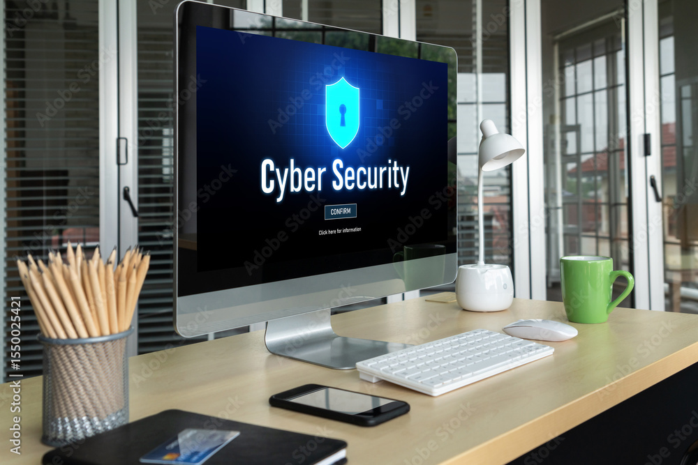 Poster cyber security system on computer screen protect private information snugly from hacker and cyber at