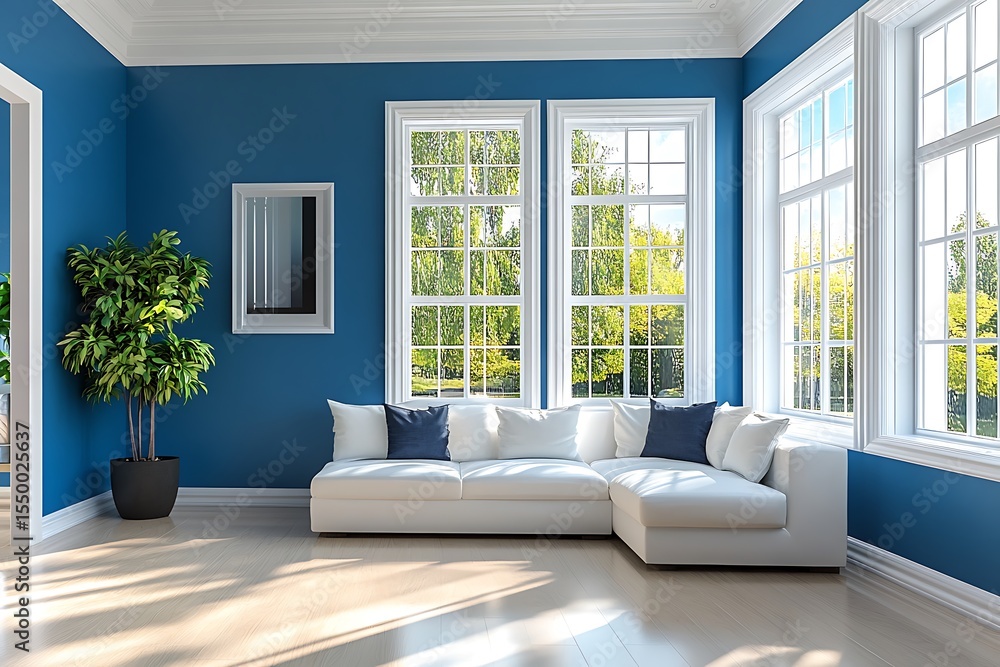 Poster blue empty room with window and parquet floor. 3d rendering