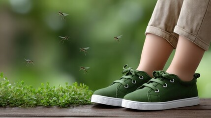 Child experiences redness and discomfort on knee while wearing green shoes, surrounded by grass and insects on a summer day