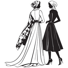 Two elegant women in silhouette wearing fashionable islamic hijab and dresses