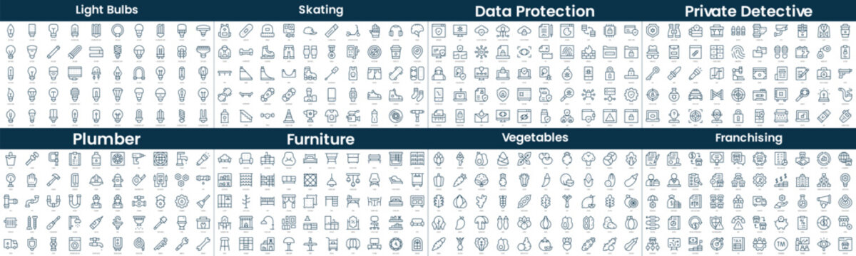 Linear Style Icons Pack. In this bundle include light bulbs, skating, data protection, private detective, plumber, furniture, vegetables, franchising