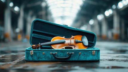 A beautiful violin resting in a vintage blue case exudes a sense of artistry and musical heritage, symbolizing the world of classical music and craftsmanship.