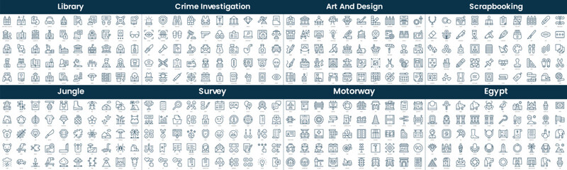 Linear Style Icons Pack. In this bundle include library, crime investigation, art and design, scrapbooking, jungle, survey, motorway, egypt