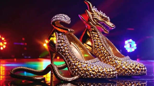 Snake Diamond Encrusted Gold Shoes on Display with Neon Lights in the Background