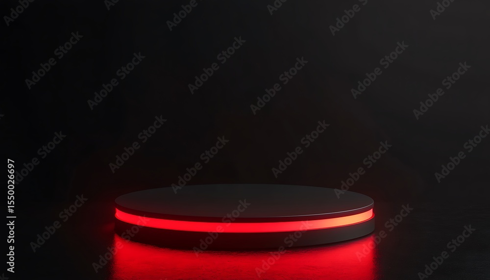 Poster round podium illuminated with red light on dark background. 3d rendering