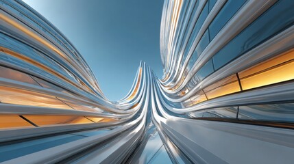 Obraz premium This striking architectural design showcases flowing metallic elements that curve and twist toward the sky, reflecting sunlight and creating an eye-catching visual.