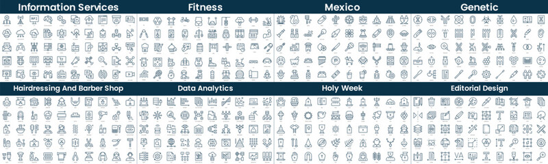 Linear Style Icons Pack. In this bundle include information services, fitness, mexico, genetic, hairdressing and barber shop, data analytics, holy week, editorial design