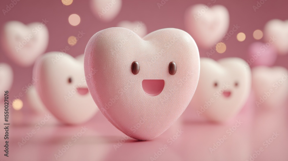 Poster adorable heart-shaped candies with smiling faces are displayed prominently in a soft pink environmen