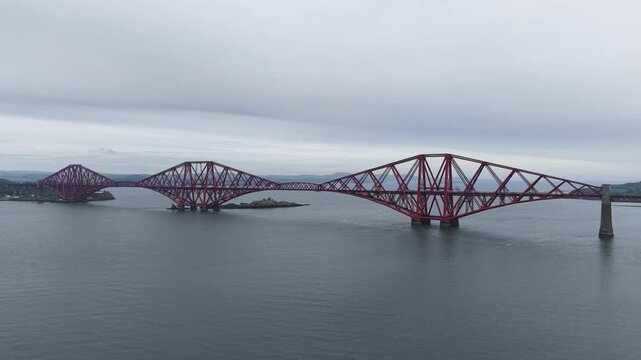Drone view of railway on Forth Bridge in Scotland, United Kingdom