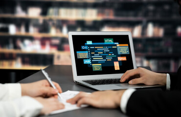 Software development or programming work with coding screen of various programming languages like HTML, , , and C brisk for new application development